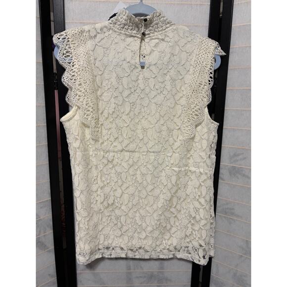 Cable & Gauge White Lace Mock Neck Ruffle Cap Sleeve Top Blouse X-Large NWT - Picture 4 of 9
